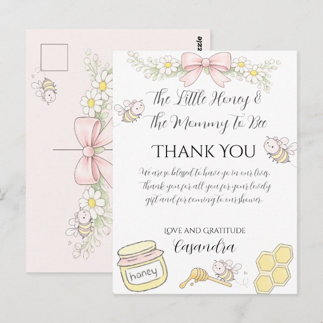 Mamma till Bee Pink Bow Baby Shower tackar dig Vykort (Fram/baksida)
