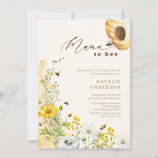 Mamma till Bee Vilda Blommor Bikupans Baby Shower Inbjudningar (Framsida)