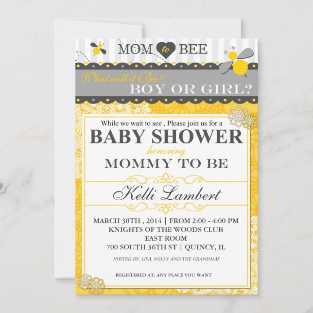 Mamma till Bee Whimsical Bee Baby Shower Inbjudningar (Framsida)