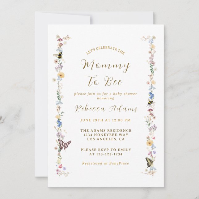 Mamma till Bee Wildblomma Garden Theme Baby Shower Inbjudningar (Framsida)