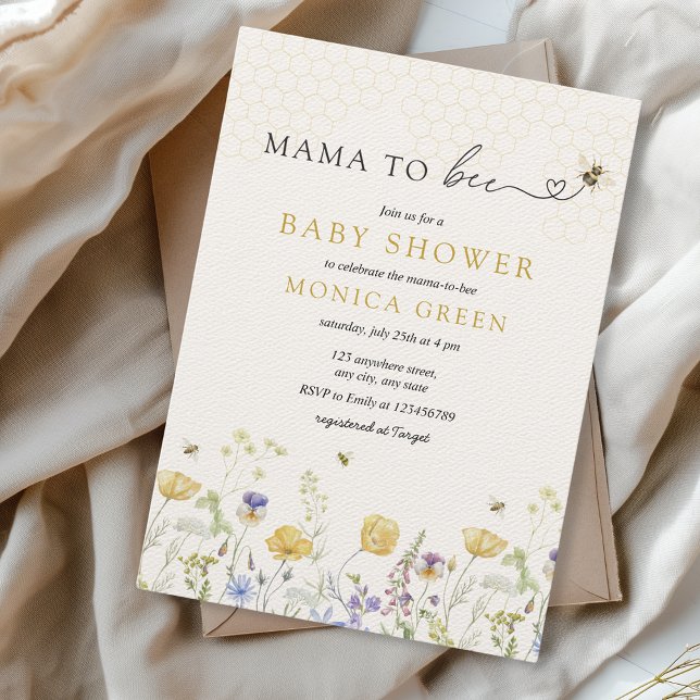 Mamma till Bee Wildblomma Rustic Garden Baby Showe Inbjudningar (Mama to bee Baby Shower Wildflowers Spring Summer Garden Aesthetic Gender Neutral Minimalist Boho)