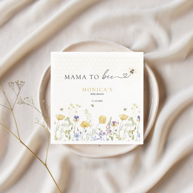 Mamma till Bee Wildblomma Rustic Garden Baby Showe Pappersservett (mama to bee baby shower custom napkins wildflowers bees aesthetic )