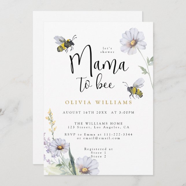 Mamma till Bee Wildblommes Daisy Baby Shower Inbjudningar (Fram/baksida)