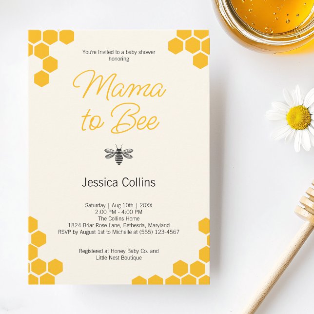 Mamma till Bi Modern Bikaka Humla Baby Shower Inbjudningar (Mama to Bee Gender Neutral Cute Yellow Honeycomb Invitation)