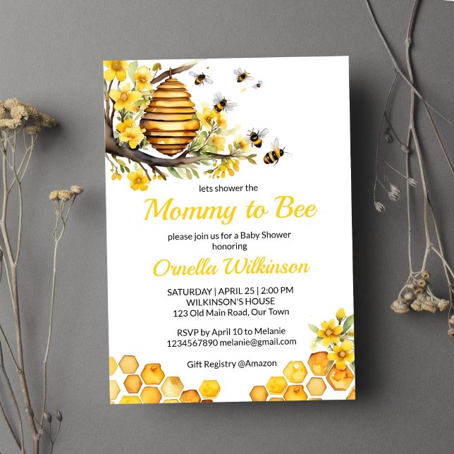 Mamma till bin i vår inbjudningar (Mommy to bee spring bee baby shower template invitation digital download beehive yellow flowers)