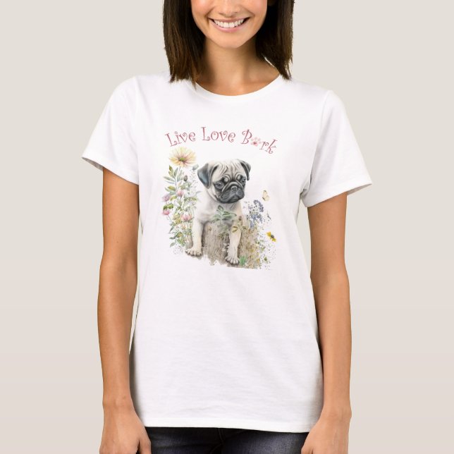 Mamma till Pug Hund Blommig T Shirt (Framsida)
