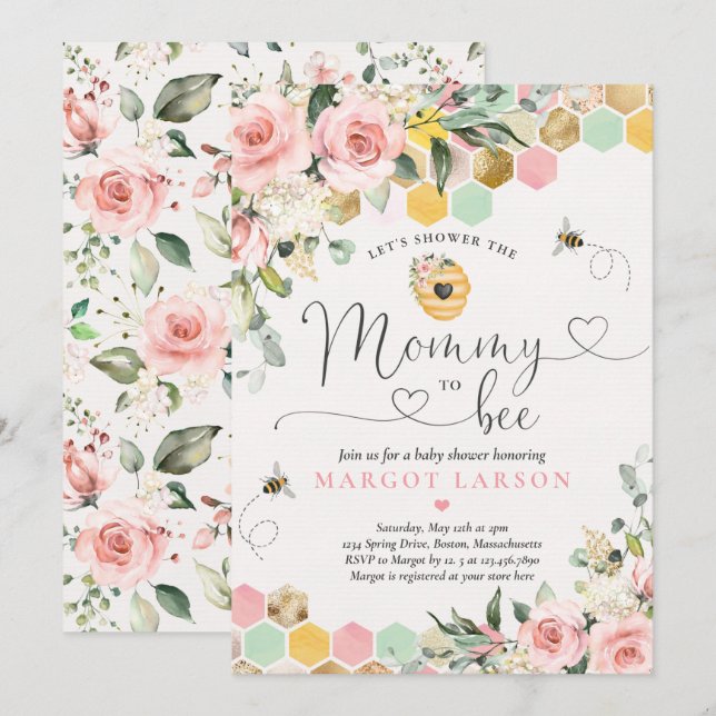 Mamma to Bee Greenery Rosa & Guld Bee Baby Shower Inbjudningar (Fram/baksida)