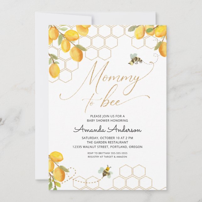 Mamma to Bee Lemons Glitter Honeycomb Baby Shower Inbjudningar (Framsida)