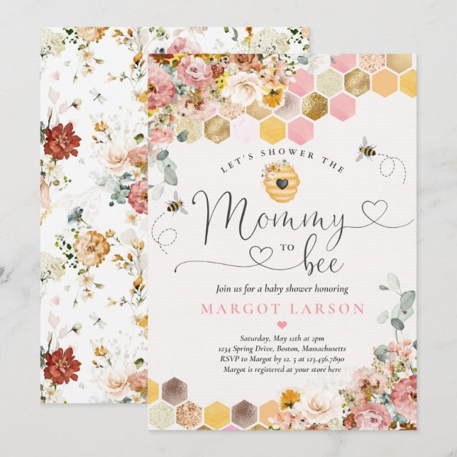 Mamma to Bee Vår Boho Wildblomma Baby Shower Inbjudningar (Fram/baksida)