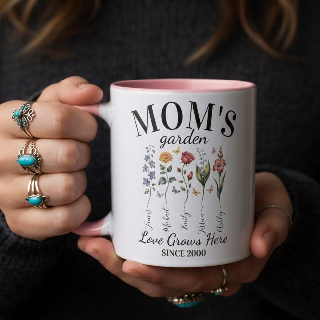 Mamma Trädgård Akvarell Blommor Rosa Typografi Mugg (Skapare uppladdad)