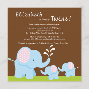 Mamma & Twin Elephants Baby Shower Boy eller Girl Inbjudningar