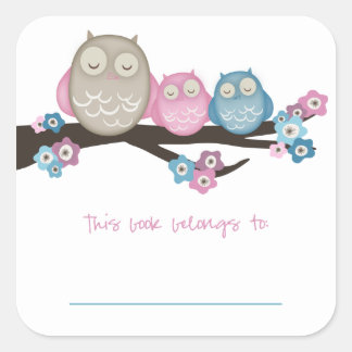 Mamma Uggla & Twillingar {Rosa & Blue} | Bokplåtar Fyrkantigt Klistermärke