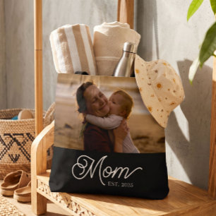 Mamma Upprättade Elegant Vit Skrift Foto Svart Tygkasse
