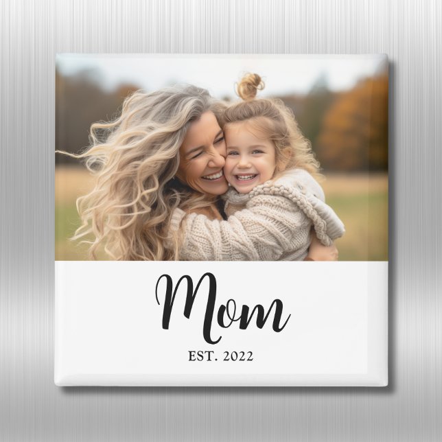 Mamma Upprättade Foto Manus Text Gåva Magnet (Mom established fridge magnet with elegant personalizable black script and customizable photo)