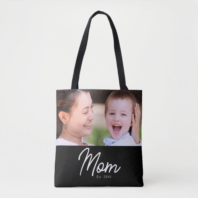 Mamma Upprättade Foto Svart Script Minimal Elegant Tygkasse (Framsida)