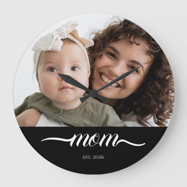 Mamma Upprättade Modernt Vitt Skript Foto Stor Klocka (Framsida)