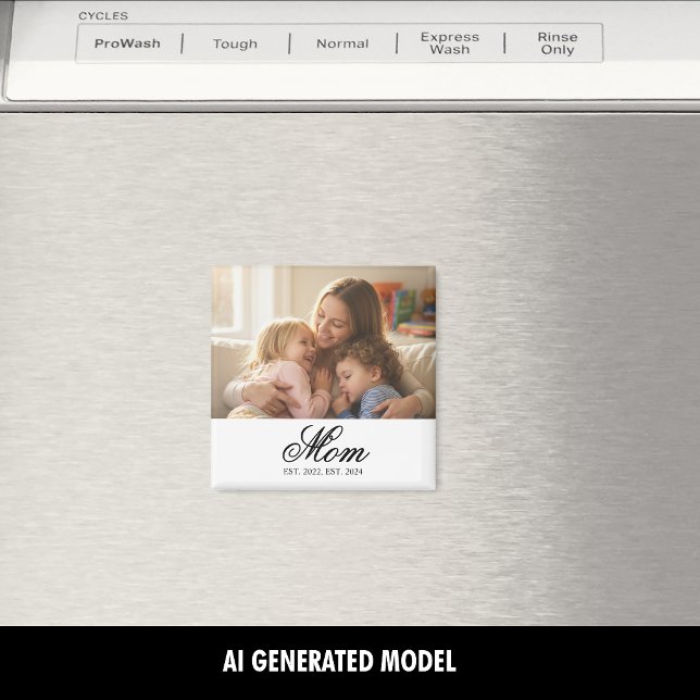 Mamma Upprättade Svart Elegant Skrift Foto Magnet (Mom Established Black Elegant Script Photo Magnet)