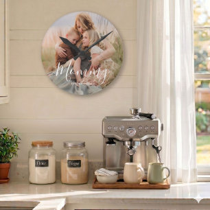 Mamma Upprättade Svart Modern Vit Skrift Foto  Rund Klocka