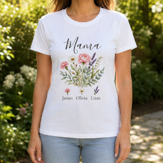 Mamma Vattenfärg Blommor med Barnens Namn T Shirt