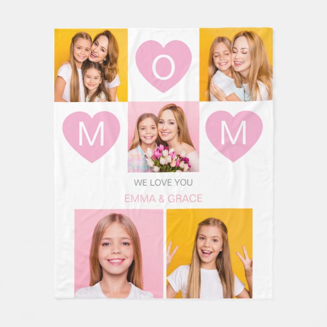 Mamma Vi älskar Dig Barnens Namn Foto Collage Hjär Fleecefilt (Framsidan)