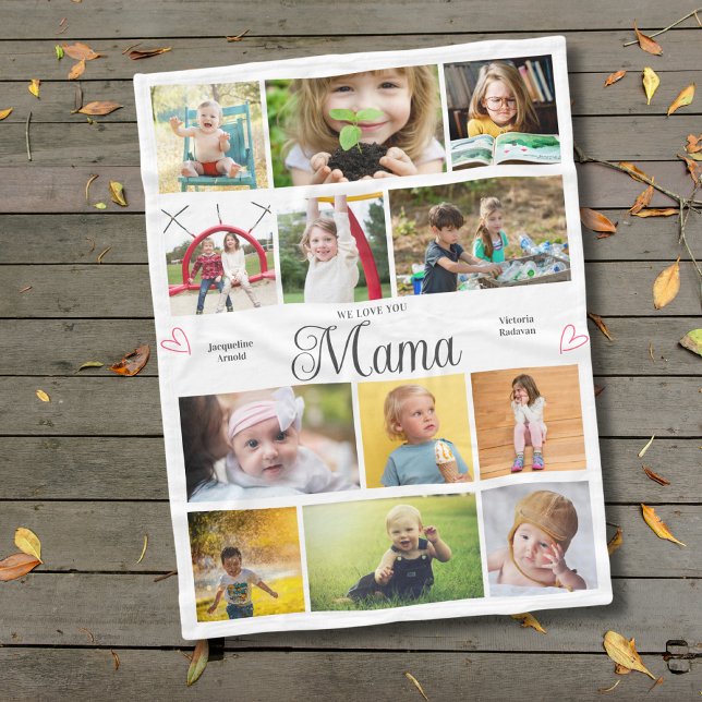 Mamma We Kärlek You Personlig Hjärtar Fleecefilt (Mama fleece blanket with your text and favorite photos.)