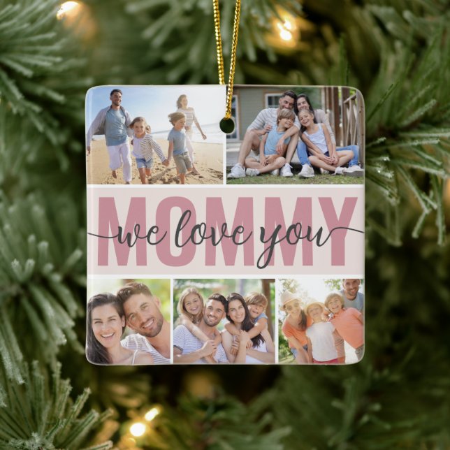 Mamma We Kärlek You Photo Collage Rosa 7 Bilder Julgransprydnad Keramik (Träd)