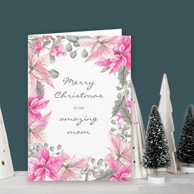 Mamma Winter Blommigt Rosa Poinsettia jul Kort (Mom Christmas Card. Buy professionally printed or as printable digital download.)