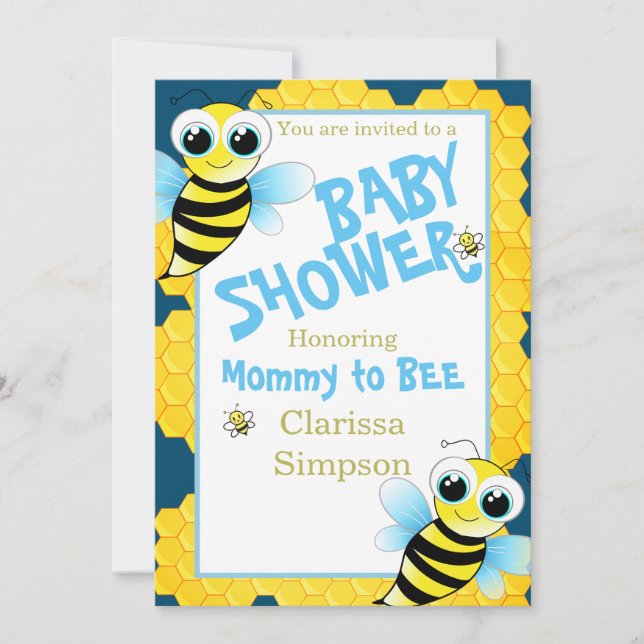 Mamman Cute Guld Blue Gult till Bebisdusch Inbjudningar (Framsida)