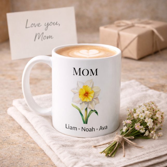 Mammas december-födelsedagsblomma med barnens namn kaffemugg (Skapare uppladdad)