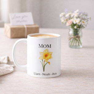 Mammas födelsemånadsblomma i mars med barnens namn kaffemugg