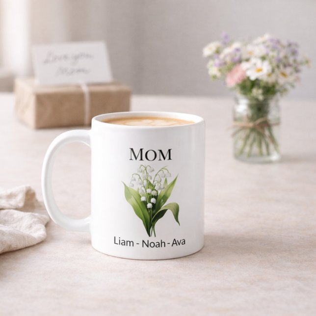 Mammas födelsemånadsblomma med barnens namn kaffemugg (Skapare uppladdad)