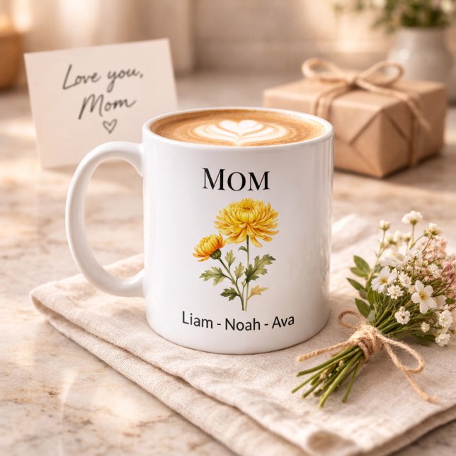 Mammas födelsemånadsblomma november med barnens na kaffemugg (Skapare uppladdad)
