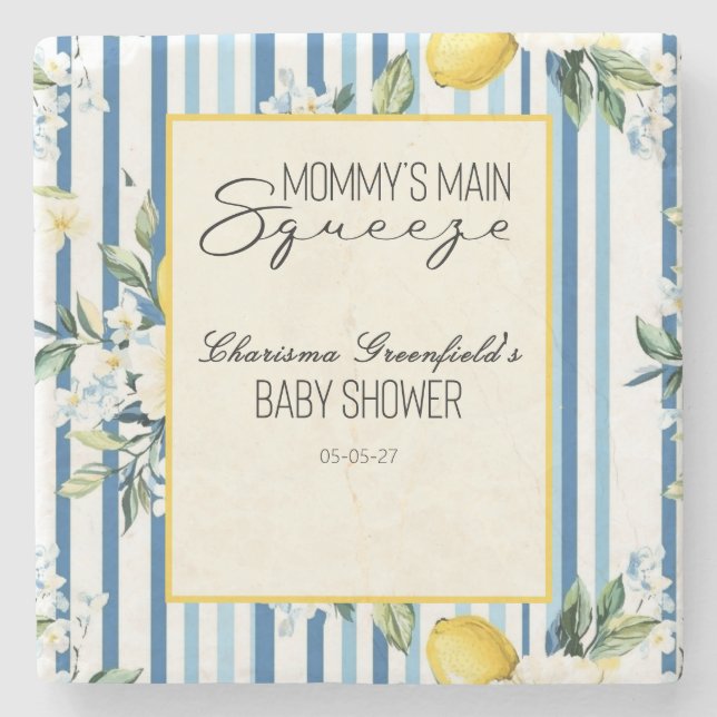 Mammas Huvudstöt Citron Blå Pojke Babyshower Stenunderlägg (Framsidan)