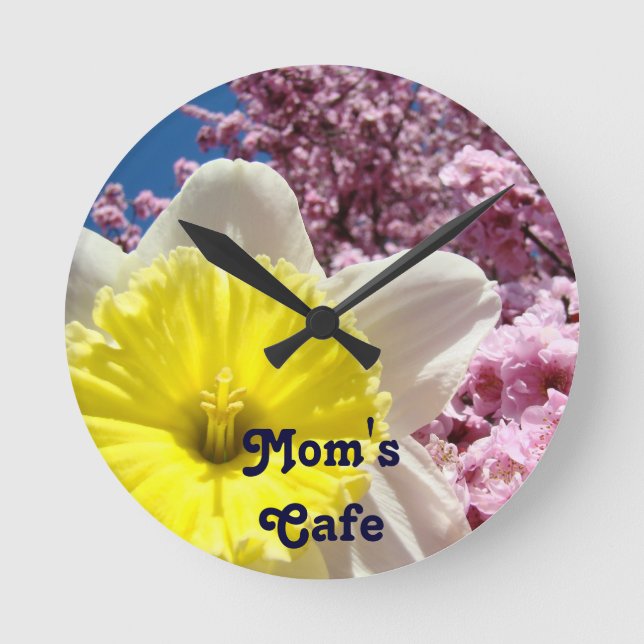 Mammas kafé väggur Daffodil Rosa Träd Blommar (Framsida)