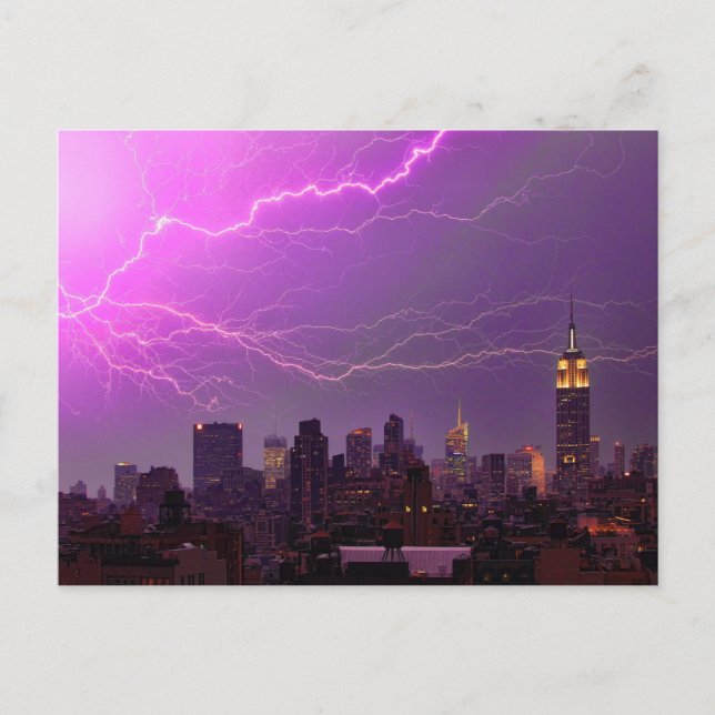Mammoth Lightning Strejka Over Midtown NYC Skyline Vykort (Framsida)