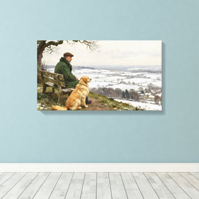 Man and Dog Enjoying Winter Countryside Vista Canvastryck (Insitu (trägolv))