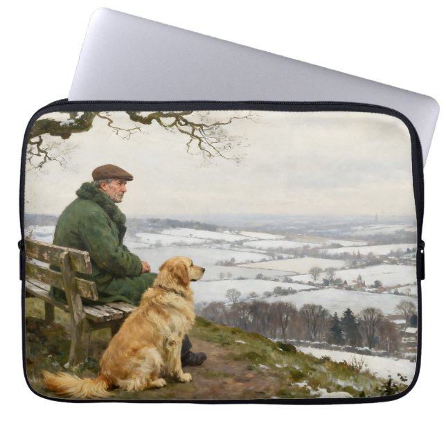 Man and Dog Enjoying Winter Countryside Vista Laptop Fodral (Framsidan)