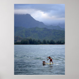 Man and Dog on Paddleboard in Hanalei Bay Poster
