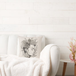 Man Black Line Art med Flower Boho stil Kudde