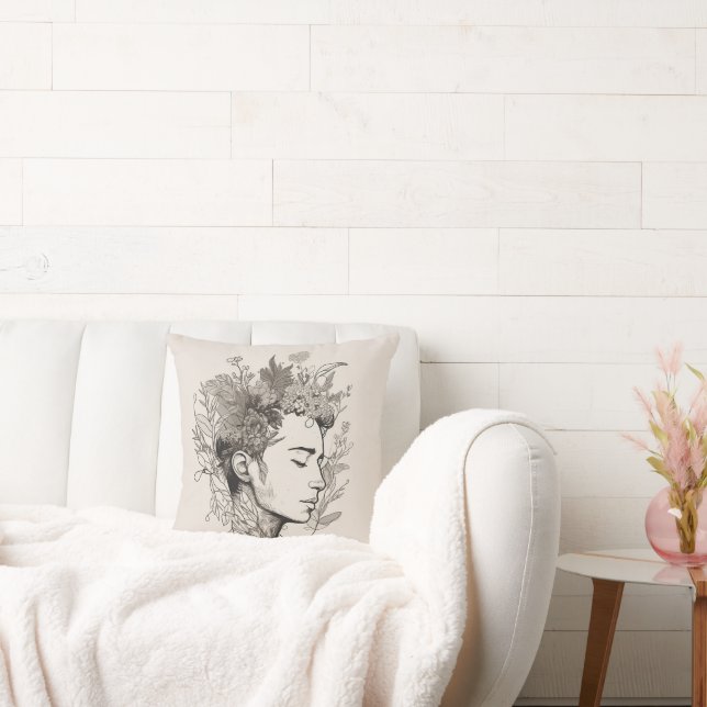 Man Black Line Art med Flower Boho stil Kudde (Soffa)