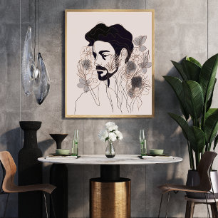 Man Black Line Art med Flower Boho stil Poster