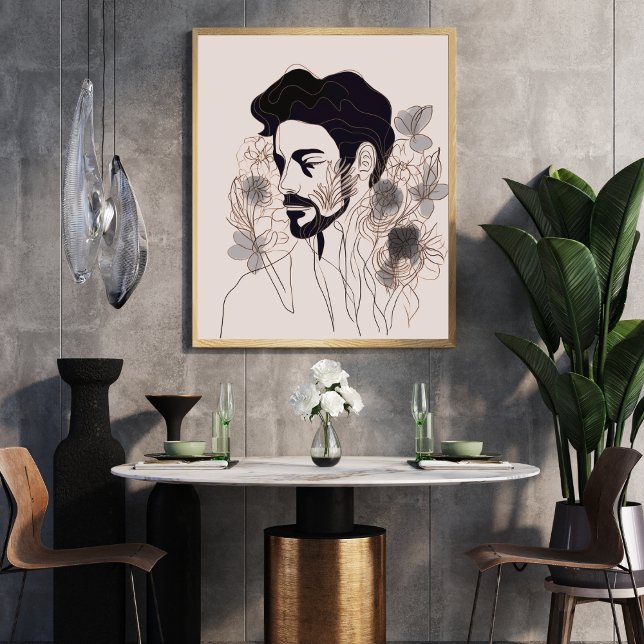 Man Black Line Art med Flower Boho stil Poster (Skapare uppladdad)