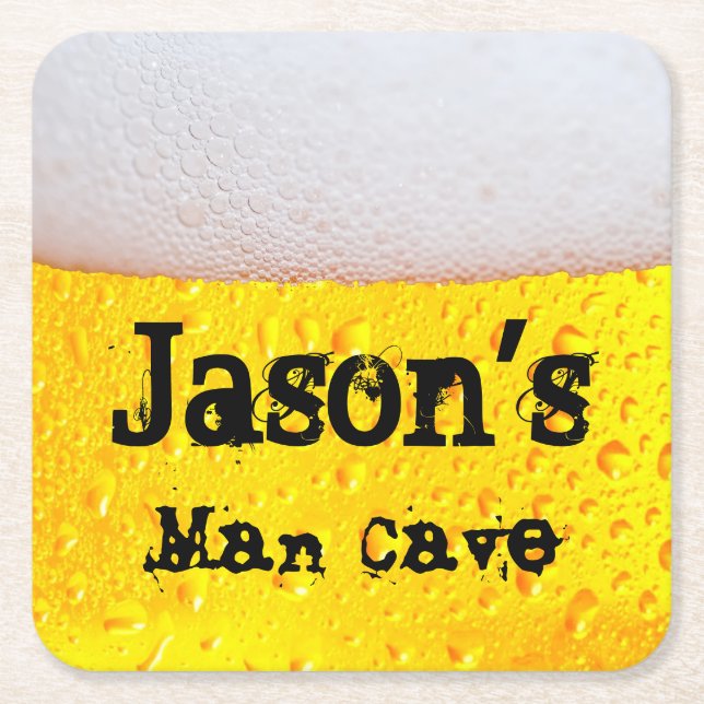 Man Cave Funny Frothy Beer Enter din egen Namn Underlägg Papper Kvadrat (Framsidan)