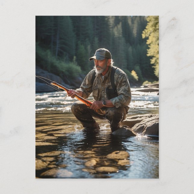 *~* Man Fishing in Stream Maine Peace AP49 Nature Vykort (Framsida)