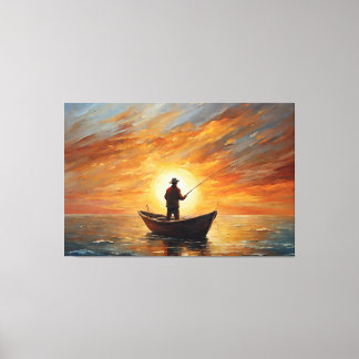Man fishing inside the boat with a sunset canvastryck
