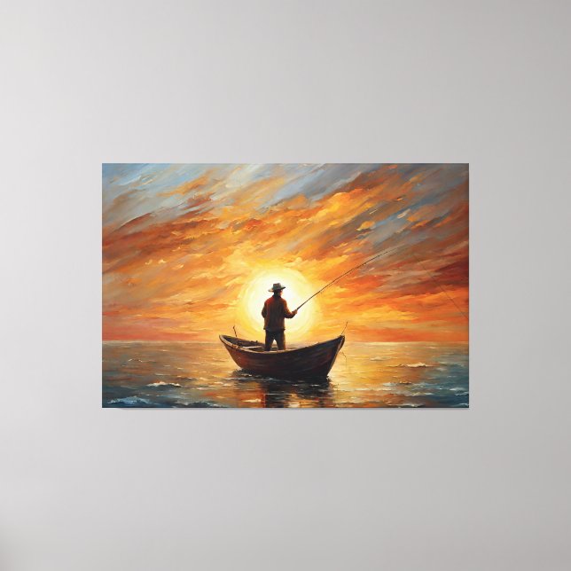 Man fishing inside the boat with a sunset canvastryck (Framsida)
