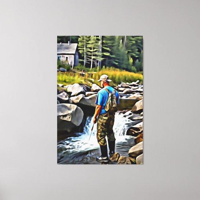 *~* Man Fishing Stream Nature AP49 Cabin Canvastryck (Framsida)