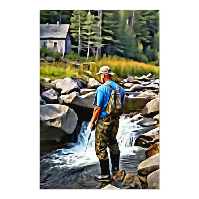 *~* Man Fishing Stream Nature AP49 Cabin Fototryck (Framsidan)