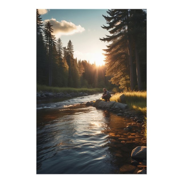 *~* Man Fishing Stream Nature AP49 Gräs Fototryck (Framsidan)
