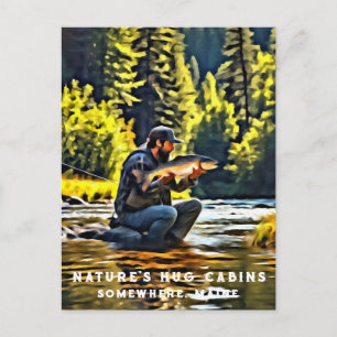 *~* Man Fishing Stream Painting AP49 Salmon Vykort